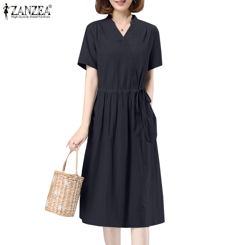 Zanzea 女式韓版腰結抽繩側袋立領 V 領短袖連衣裙