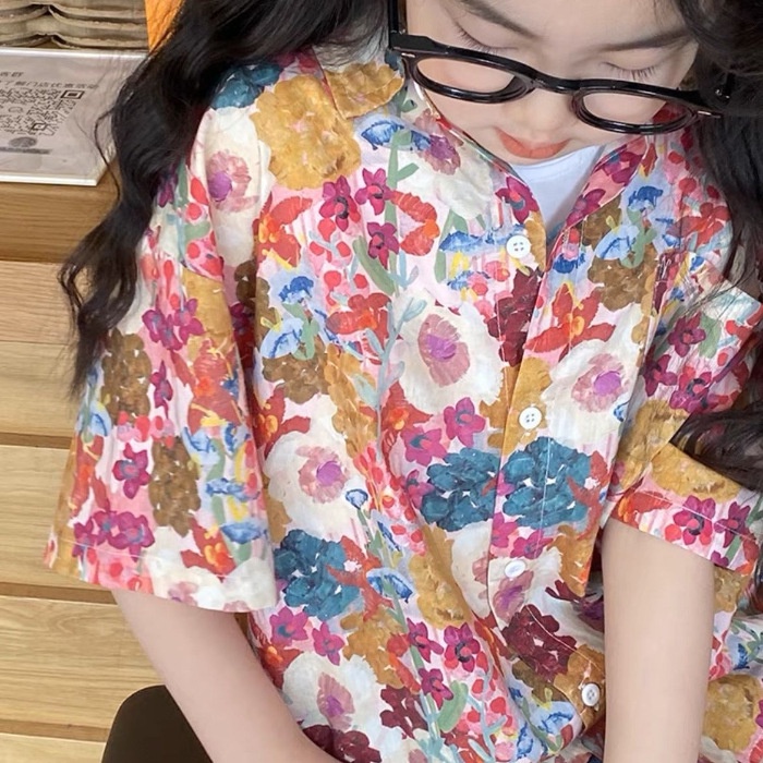 【YAOEENH】80-140CM 韓版女童襯衫 中兒童洋氣碎花休閒短袖翻領襯衫外套 現貨 快速出貨