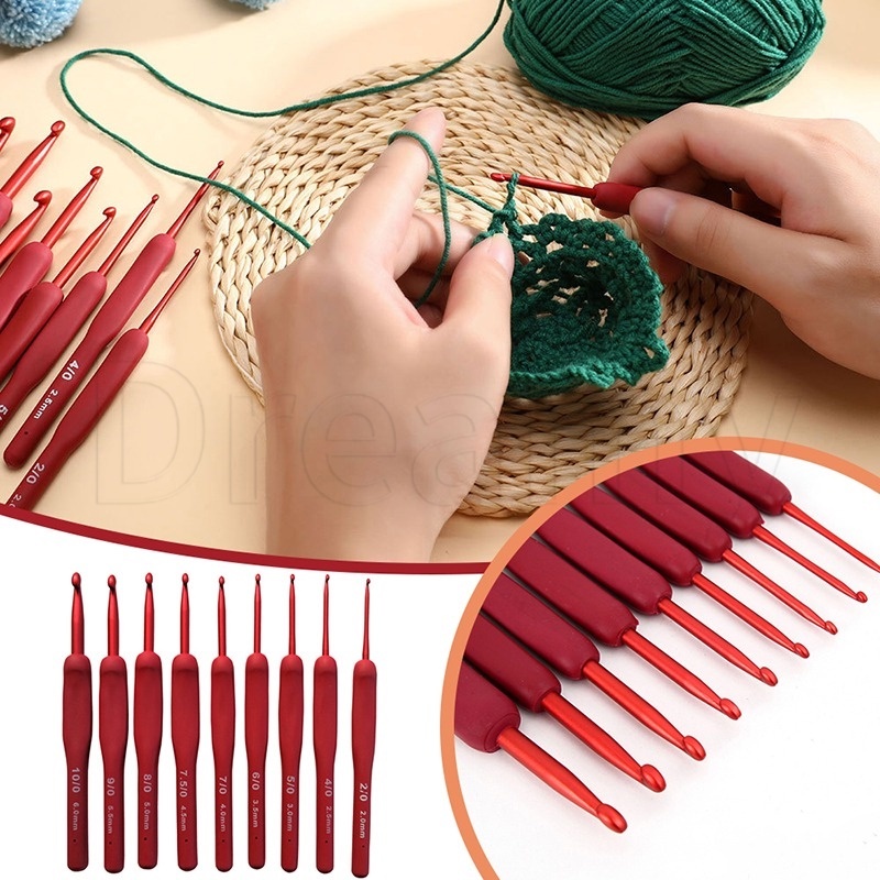2/3/4 毫米紅色手工娃娃花編織針鉤針矽膠手柄毛衣鉤針帽子手套圍巾編織鉤針紗線工藝品針織工具高品質鋁