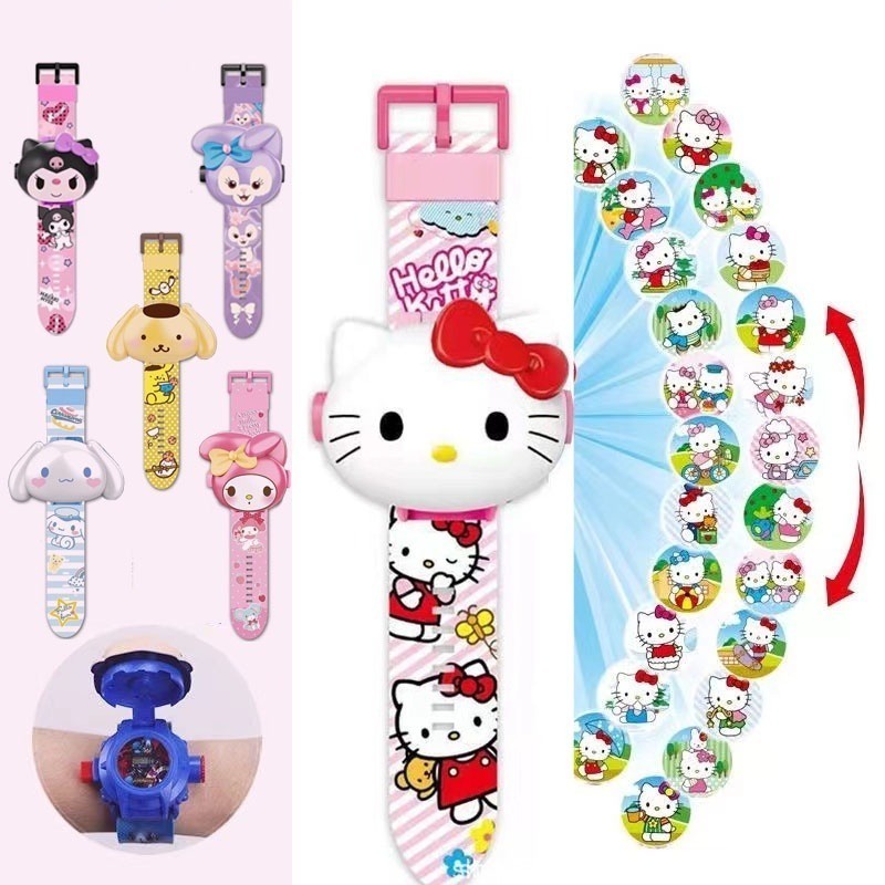 Hello Kitty 兒童兒童投影手錶 24 圖案手錶三麗鷗系列玩具電子手錶數字時鐘男孩女孩生日禮物