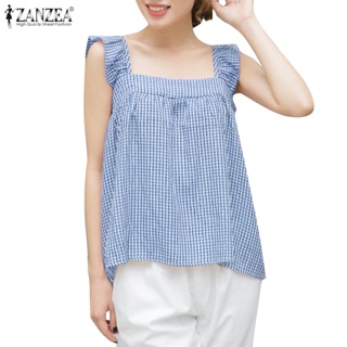 Zanzea 女式韓版日常無袖格紋荷葉邊荷葉邊背心夏季上衣
