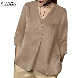 Zanzea 女士歐洲日常純色緞面 3/4 袖褶襉 V 領襯衫