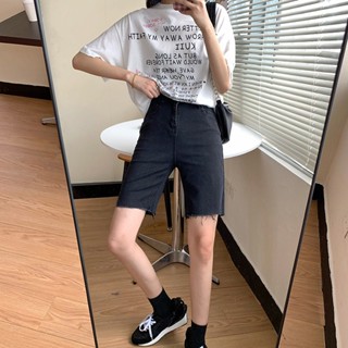 蔓莎💞2023夏季新款破洞牛仔短褲女夏季新款黑色高腰彈力修身顯瘦百搭騎行五分中褲潮