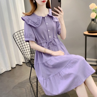 夏季洋裝紫色短袖洋裝女2024新款韓版甜美茶歇裙顯瘦收腰中長款裙子