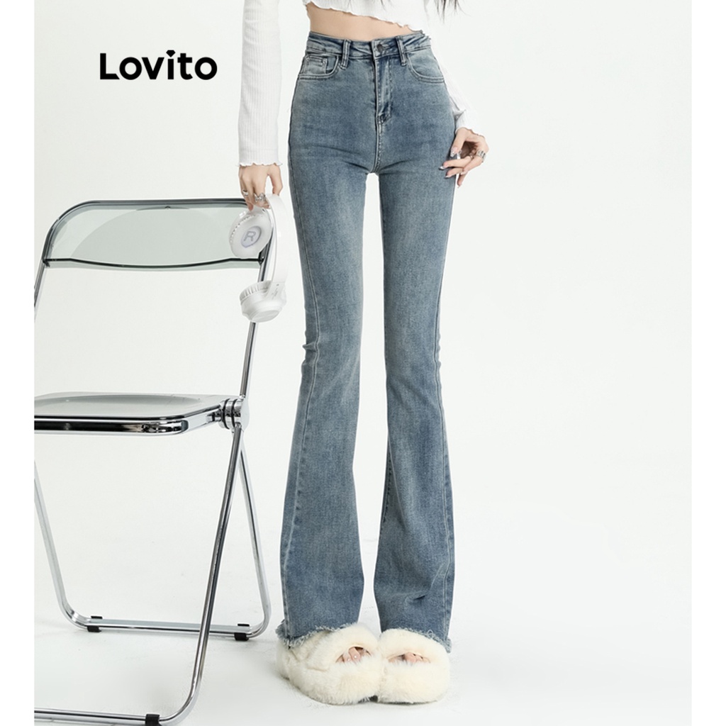 Lovito 女式休閒素色水洗高腰牛仔褲 LNA09010 (藍色)
