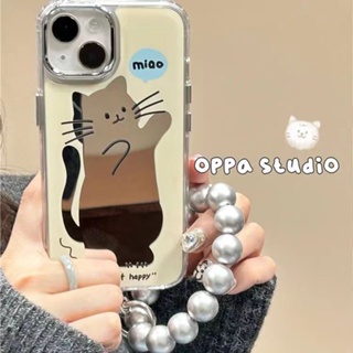 小眾可愛貓咪鏡面適用iphone14promax手機殼鏈條新款蘋果13簡約奶