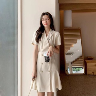 西裝連衣裙女|春夏新款氣質職業設計西裝裙|收腰雙排扣修身甜美裙子|西裝領洋裝|西裝中長裙|職業西裝裙