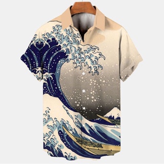 復古海浪 3d 打印男士夏威夷襯衫休閒時尚夏季男士襯衫加大碼短袖翻領寬鬆上衣