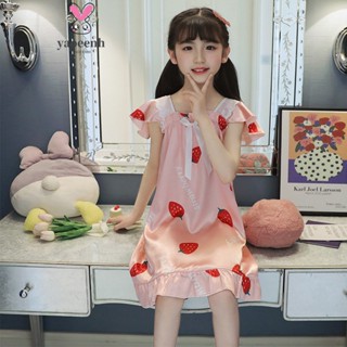 【YAOEENH】95-150CM 兒童睡衣 卡通洋裝 中小女童花邊領口可愛冰絲公主裙 現貨 快速出貨