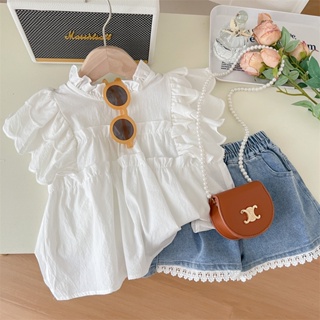 女孩蕾絲襯衫純色圓領喇叭袖白襯衫兒童上衣夏季嬰兒衣服