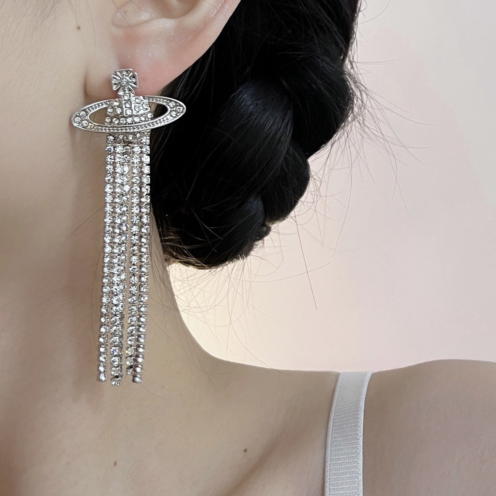 Westwood Vivienne 全鑽耳環時尚長流蘇潮個性複古流蘇水晶耳環