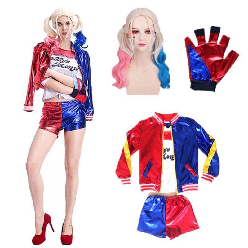 Harley Quinn 兒童女孩哈雷奎恩小丑女服裝自殺小隊角色扮演服裝嘉年華夾克假髮套裝兒童制服套裝