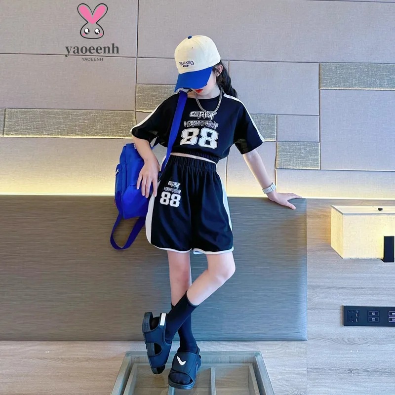 【YAOEENH】120-170CM 韓版女童運動套裝 中大童休閒字母上衣短袖短褲兩件套 現貨 快速出貨