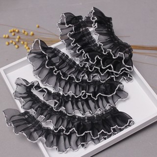 【1m】黑色白色荷葉邊蕾絲飾邊雪紡洛麗塔風格絲帶服裝連衣裙工藝用品裝飾服裝DIY縫紉配件JY