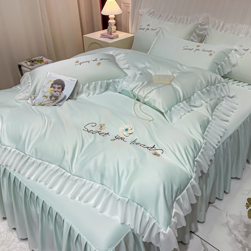花韻系列冰絲刺繡床裙組 涼感水洗真絲床罩組 單人/雙人/加大/特大床包組 6*7床組 床包四件組
