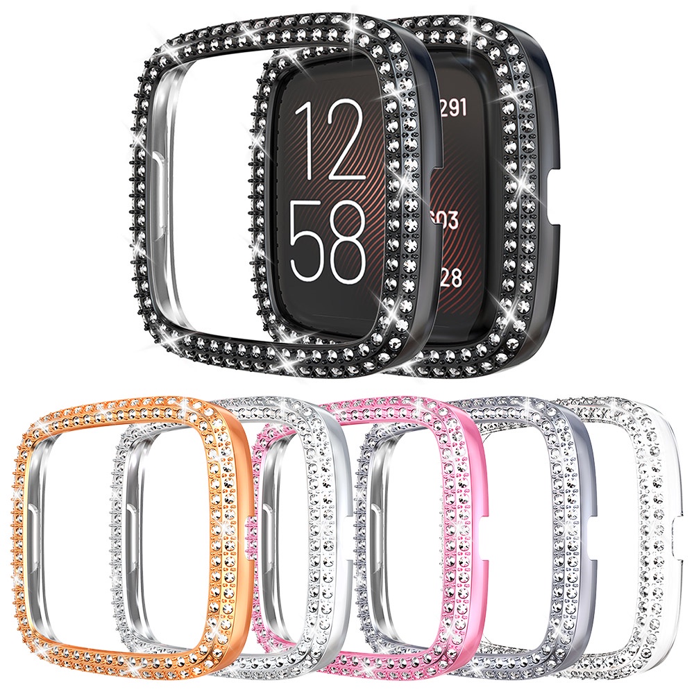 適用於 Fitbit Sense Versa 3 2 錶殼的豪華女士 PC 保險槓兩排鑽石保護套輕巧閃亮錶殼保護配件