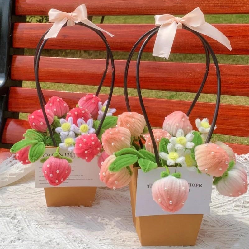 手工diy草莓扭扭棒手提花籃材料包可可愛愛自製扭扭棒仿真花束送女友禮物