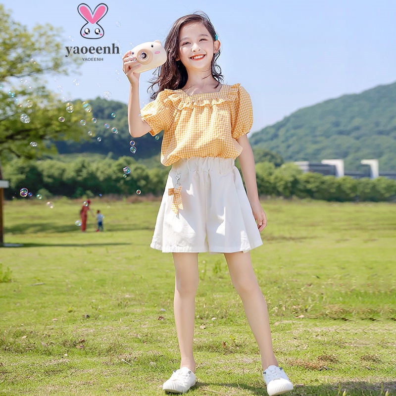 【YAOEENH】120-170CM 韓版女童洋氣套裝 中大童洋氣格子泡泡短袖上衣短褲兩件套 現貨 快速出貨