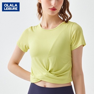 OLALA 新品透氣顯瘦運動上衣短袖T恤交叉瑜伽服女跑步訓練速乾健身服夏
