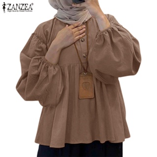 Zanzea 女式時尚關節穆斯林落肩袖口橡膠袖口褶襉腰帶襯衫