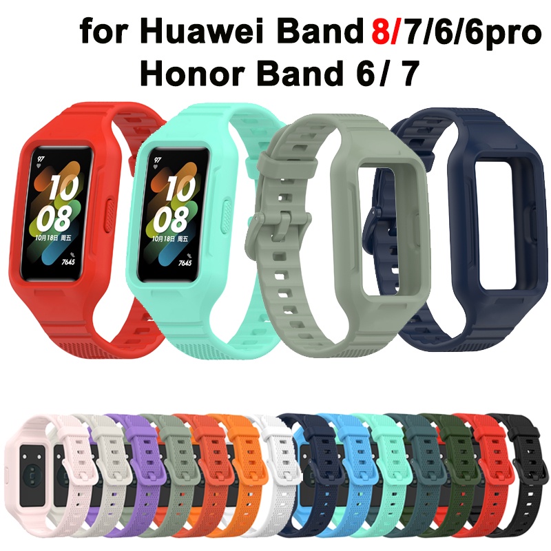 適用於華為手環 9 8 7 6 Honor Band 6 Pro 高品質手錶運動腕帶配件的矽膠錶帶帶錶殼全蓋手鍊