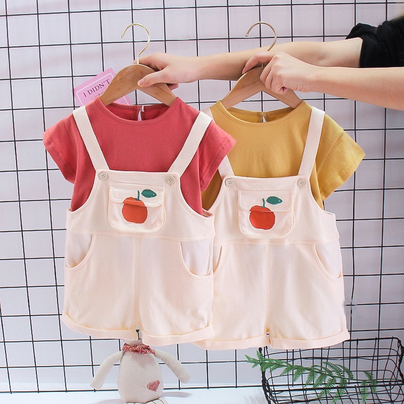 柚子熊品牌童裝女兒童素色T恤短袖橘子口袋揹帶褲夏季透氣兩件套
