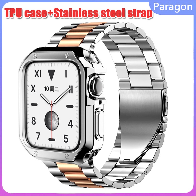 Tpu保護殼+金屬錶帶不銹鋼手鍊適用於apple Watch系列3 4 5 6 se 7 45mm 44mm 42mm