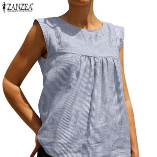 Zanzea 女士歐洲日常無袖條紋褶襉設計背心