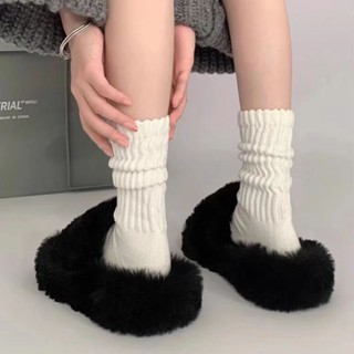 現貨 粗線襪子女 純棉四季款白色中筒堆堆襪女 灰色長筒襪 針織毛線小腿襪 ins百搭潮襪女