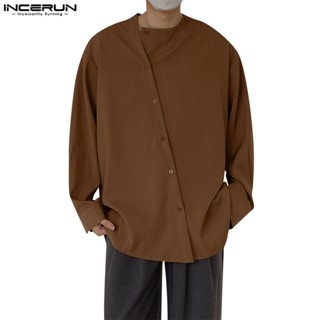 Incerun 男士韓版圓領純色簡約斜門扣長袖襯衫