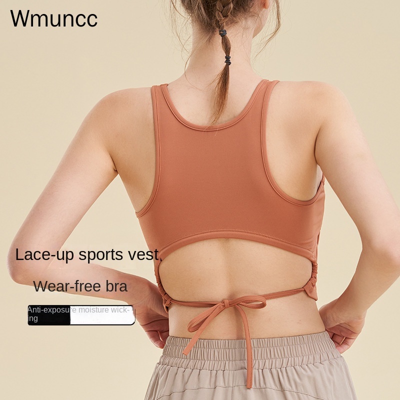 Wmuncc 後背鏤空綁繩瑜伽服運動內衣女健身運動T恤上衣背心帶胸墊