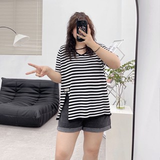 2025夏季新款|設計感開叉|短袖T恤|大碼女裝|2-300斤胖mm|顯瘦上衣|印花|寬松版型|簡約韓版風格|V領短袖