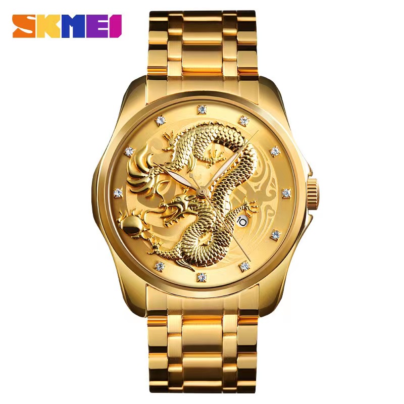Skmei 9193 男士 3Bar 防水日期顯示不銹鋼錶帶手錶男士手錶頂級品牌豪華金色石英手錶