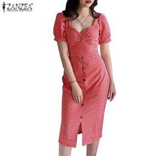 Zanzea 女式韓版心形領泡泡袖短袖格子包臀連衣裙