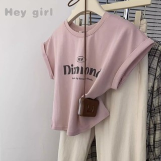 【Hey girl】粉色小飛袖正肩短袖T恤女 夏季 美式 復古 設計感 小眾 無袖T恤上衣 運動背心T恤 無袖背心 純棉