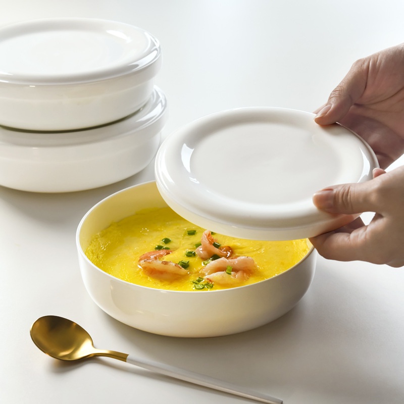 陶瓷骨瓷保鮮碗純白帶蓋瓷碗隔水燉水蒸蛋專用盤碗蒸肉專用碗飯碗家用寶寶輔食碗