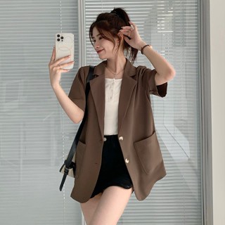 【ELLAS】高階感西裝外套女 今年流行短袖外套 休閑外套 百搭 韓版小西服 寬鬆 短袖上衣潮