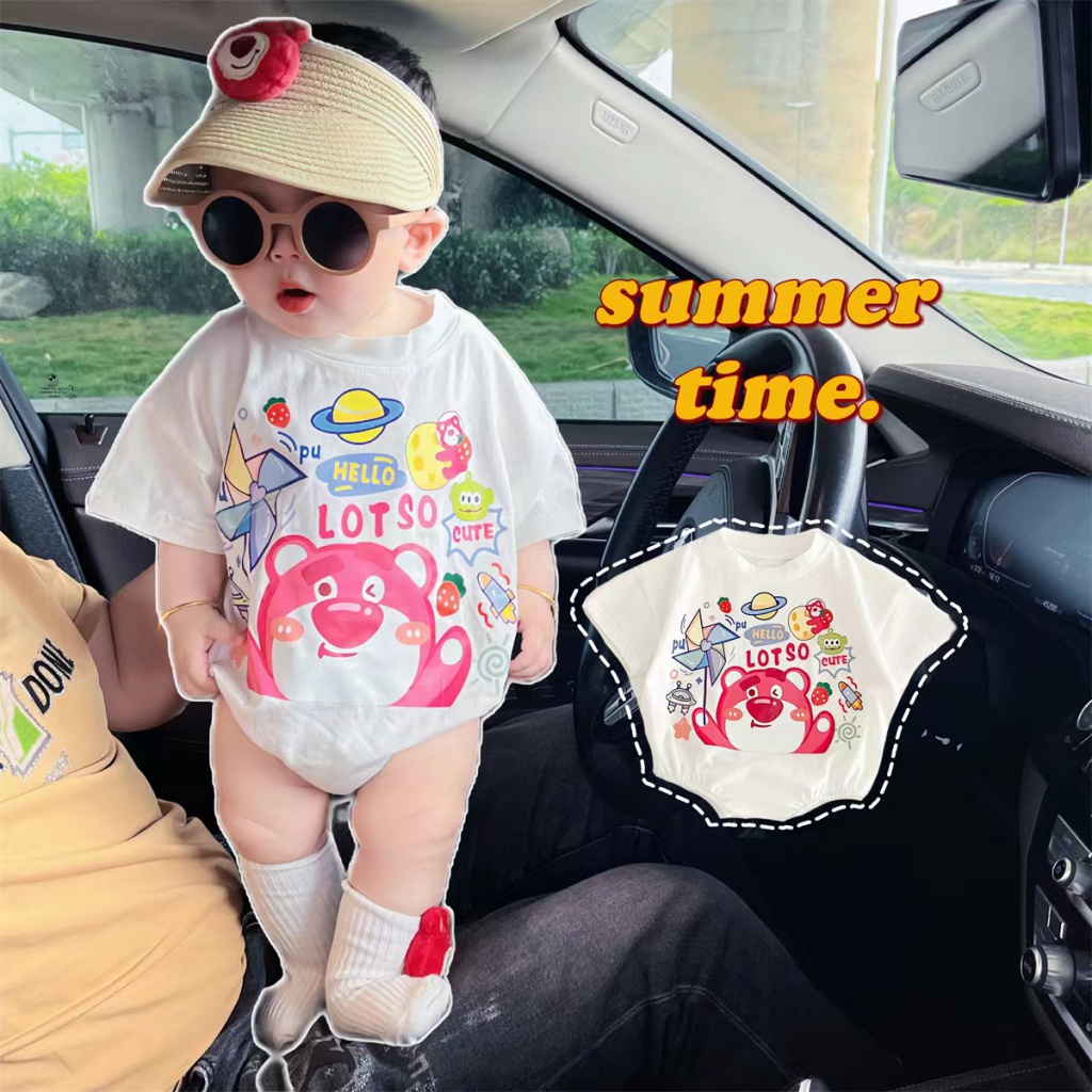 AKUI⚡夏季韓版寶寶草莓熊短袖包屁衣 ins柔軟純棉卡通小熊維尼連身衣爬服0-2歲嬰兒衣服