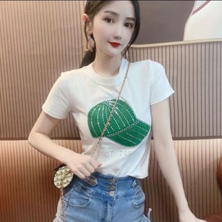 【HOSS】單件/套裝 燙鑽帽子圖案短袖T恤女 亮片上衣 ins潮牌衣服 修身高腰破洞牛仔褲女兩件套裝