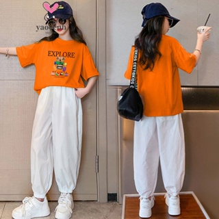 【YAOEENH】110-160CM 韓版女童短袖套裝 中大童時尚洋氣卡通印花寬鬆休閒兩件套 現貨 快速出貨