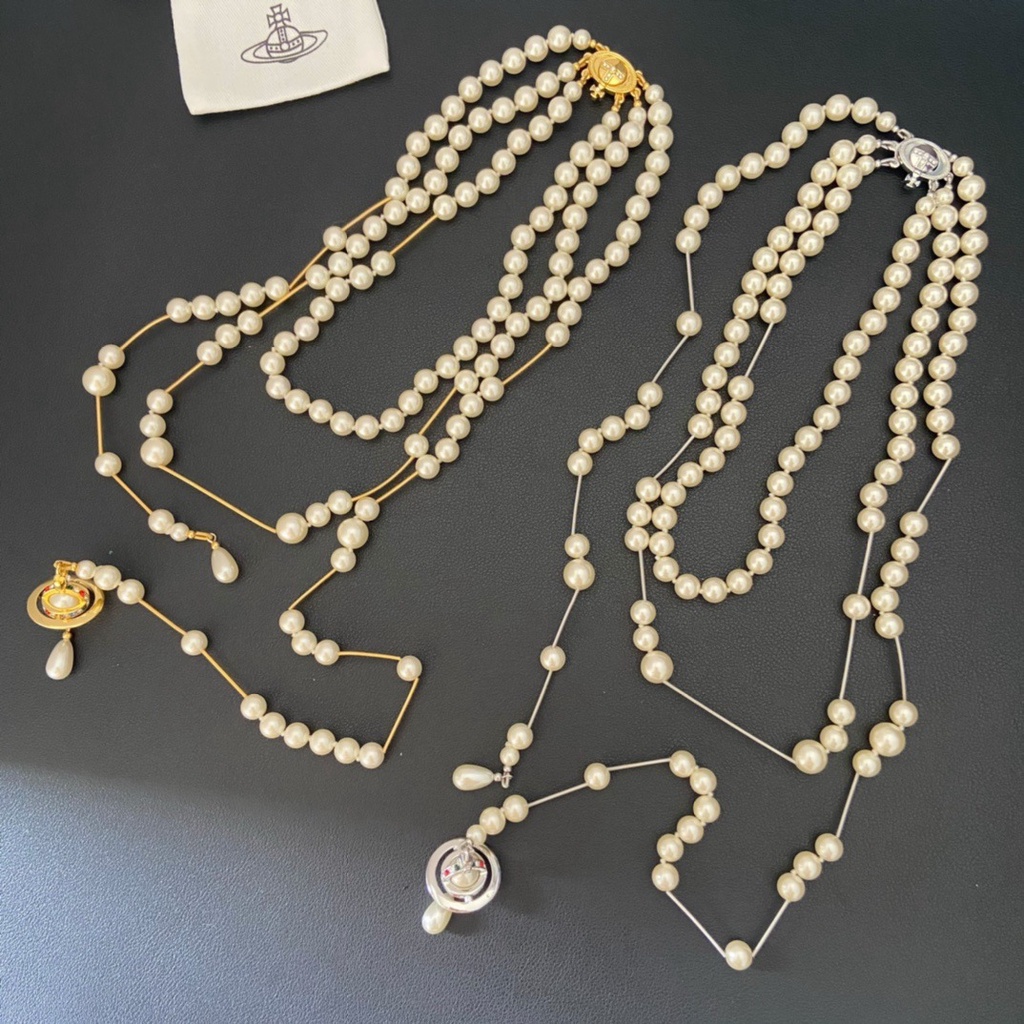 Westwood Vivienne 三層珍珠項鍊立體土星水滴不對稱項鍊法式複古誇張氣質鎖骨項鍊
