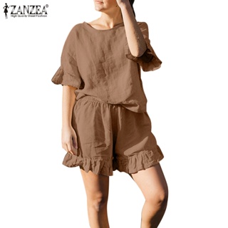 Zanzea 女式複古半袖荷葉邊上衣鬆緊腰帶短褲休閒純色套裝