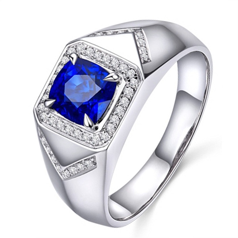 新款男士戒指  韓版正方鑽藍寶石藍鑽戒指男戒 鍍18K鑽石鑲嵌藍剛玉水晶八心八箭