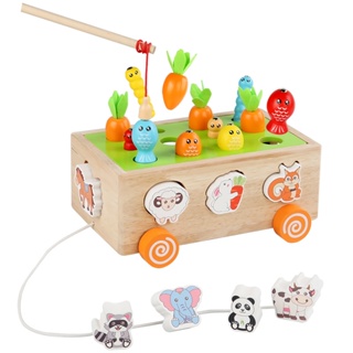 木製兒童益智玩具 形狀配對認知積木 車 木質動物釣魚玩具 拔蘿蔔智力車