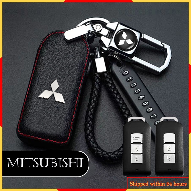 MITSUBISHI 適用於三菱真皮汽車鑰匙套鑰匙扣皮革遙控鑰匙包合金金屬鑰匙圈鑰匙扣