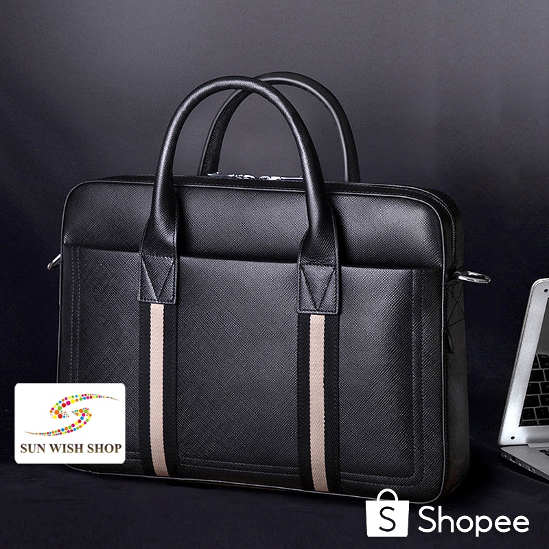 Sunwish SWS-M9001 高級公文包包男士斜挎包男士商務包手提包黑色啞光 PU 皮革電腦包