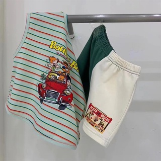 熱銷新款日韓男童夏裝韓系童裝洋氣條紋背心T恤痞帥兒童時尚拼色短褲兩件套裝