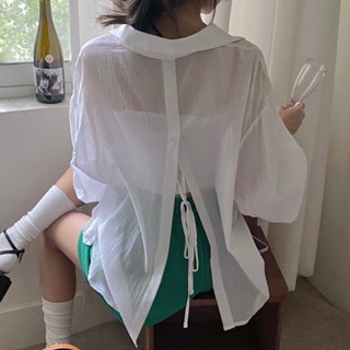 📣📣主流女裝現貨✔️S-XL👗夏天薄款襯衫👗韓系chic春季法式氣質翻領小心機後背開叉設計感微透薄款防曬襯衫 正韓上衣