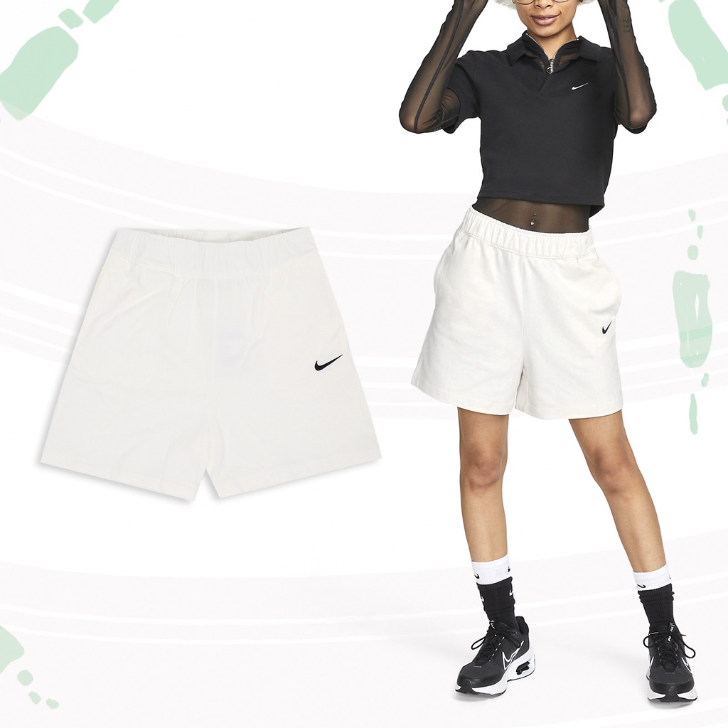 Nike 短褲 NSW 女款 米白 高腰 寬鬆 彈性 小勾 棉褲 刺繡 鬆緊褲頭【ACS】 DM6729-133