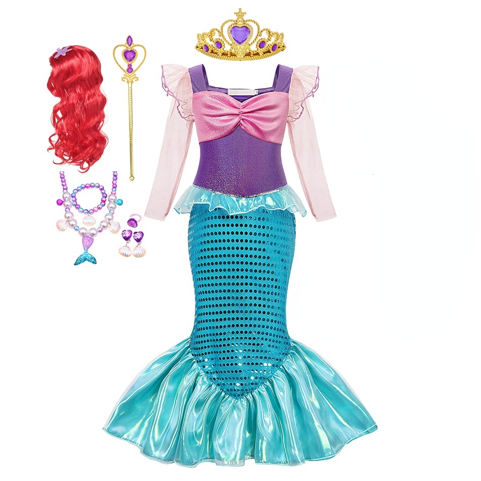 Lxaa M08 女童衣服公主小美人魚愛麗兒連衣裙兒童角色扮演服裝兒童嘉年華生日派對舞會禮服裙